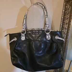 Kristin Davis Black Leather Tote Bag/LG Shoulder Bag with Snakeskin Accents